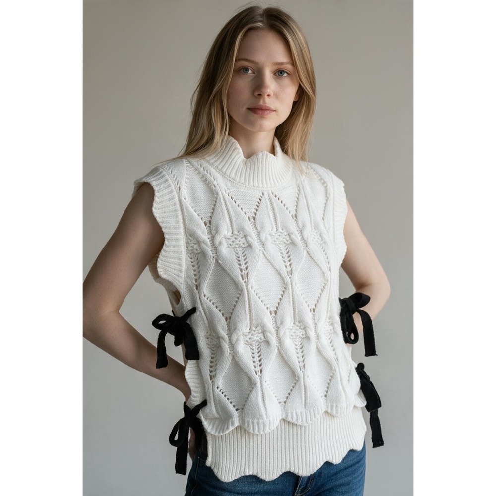 Free People Cable Knit Mock Neck Sweater Vest Ribbon Ties Sleeveless